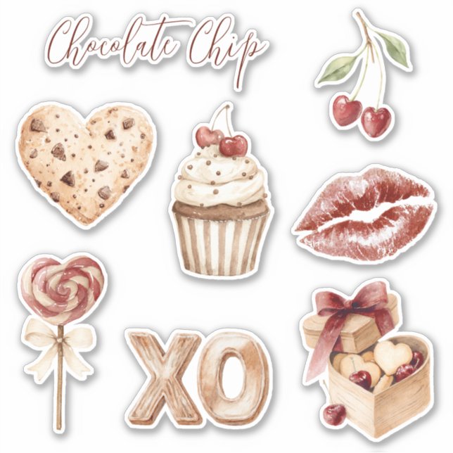 Adesivo Biscoito Coração com Chocolate XO Cupcake Cerejas (Frente)