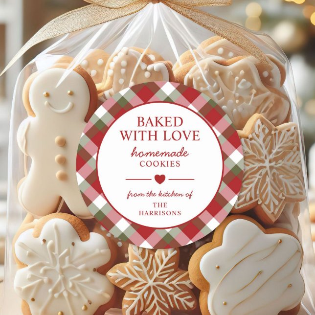 Adesivo Biscoitos de Natal com Plaid Assados com Amor (Christmas Baked With Love Plaid Holiday Cookie Classic Round Sticker)