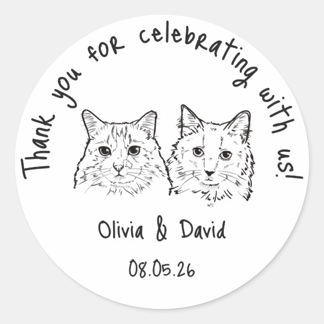 Adesivo Black and White Cute Cats Wedding Favor (Frente)