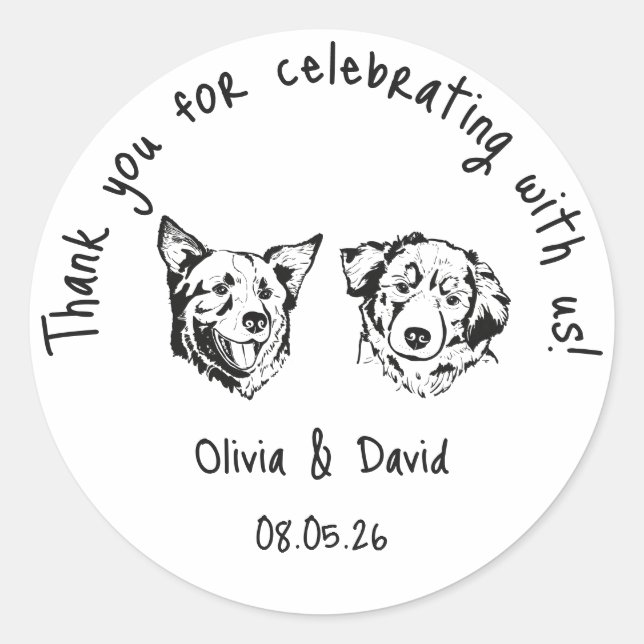 Adesivo Black and White Cute Dogs Wedding Favor (Frente)