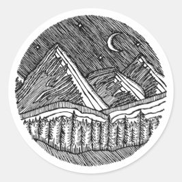 Adesivo Black and White Ink-Drawn Round Alp Landscape