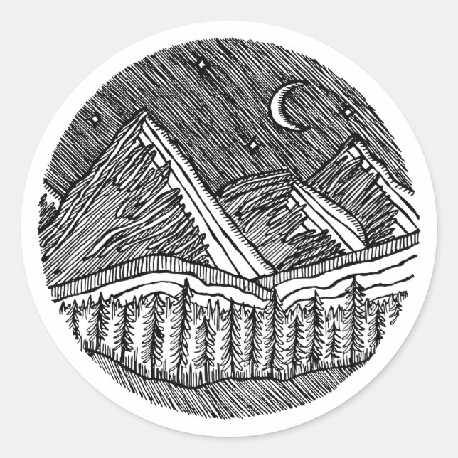 Adesivo Black and White Ink-Drawn Round Alp Landscape (Frente)