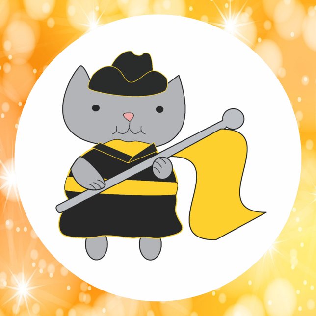 Adesivo Black and Yellow Color Guard Cat (A sticker featuring a gray cat wearing a black & yellow gold color guard uniform with a yellow flag.)