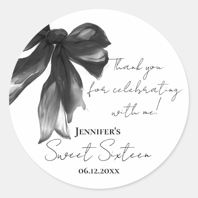 Adesivo Black Bow Coquette Script Sweet 16 Thank You (Frente)