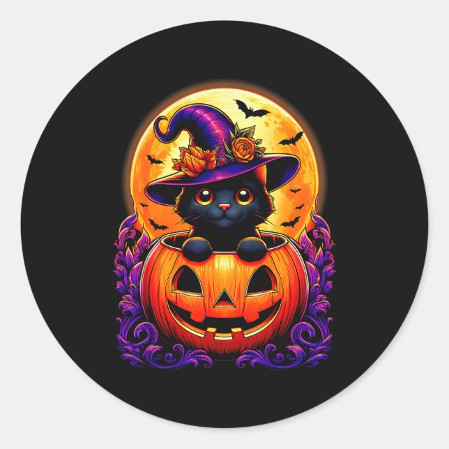 Adesivo Black Cat Witch Hat Pumpkin Funny Halloween Men Wo (Frente)