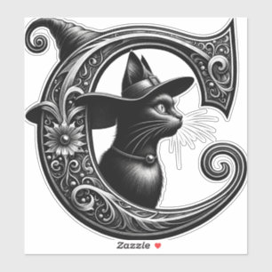 Adesivo Black Cat Witchy - Letra C Personalizada Inicial