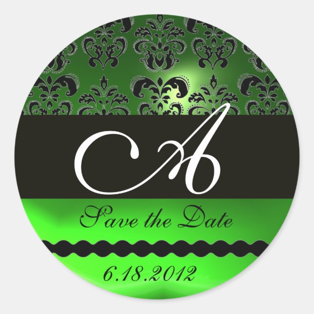 Adesivo BLACK EMERALD GREEN DAMASK MONOGRAM,Salve a data (Frente)