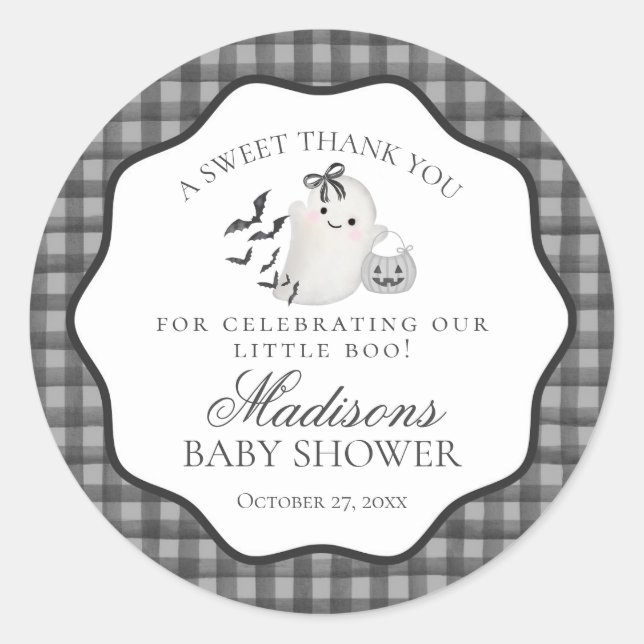 Adesivo Black Gingham Little Boo Ghost Baby Shower Favor (Frente)