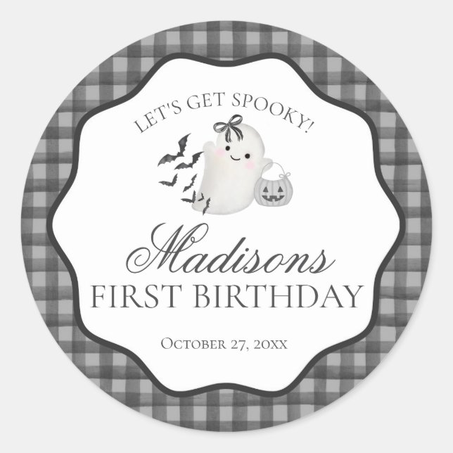 Adesivo Black Gingham Little Boo Ghost Birthday Party Seal (Frente)