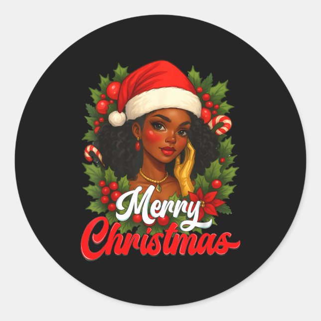 Adesivo Black Girl Santa Hat Merry Christmas Pajama Africa (Frente)