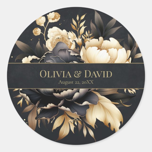 Adesivo Black & Gold Peony Wedding Round Sticker (Frente)
