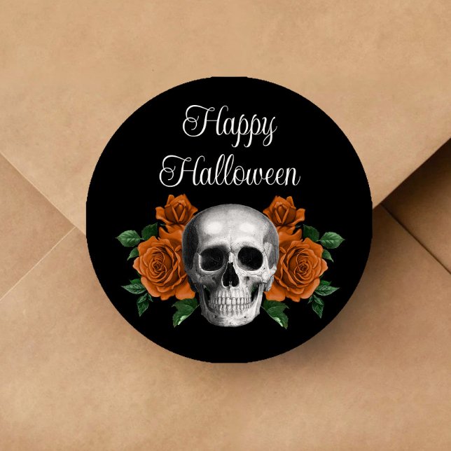 Adesivo Black Gothic Floral Skull Halloween (Black Gothic Floral Skull Halloween Classic Round Sticker)