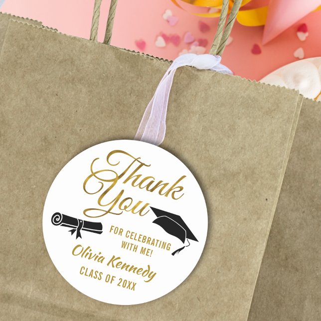 Adesivo Black Graduation Cap Gold Thank You Script Favor (Criador carregado)
