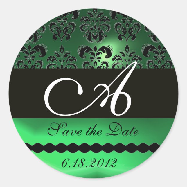 Adesivo BLACK GREEN JADE DAMASK MONOGRAM, Salve a data (Frente)