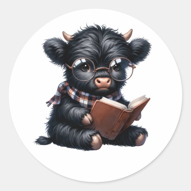 Adesivo Black Highland Cow Reading A Book (Frente)