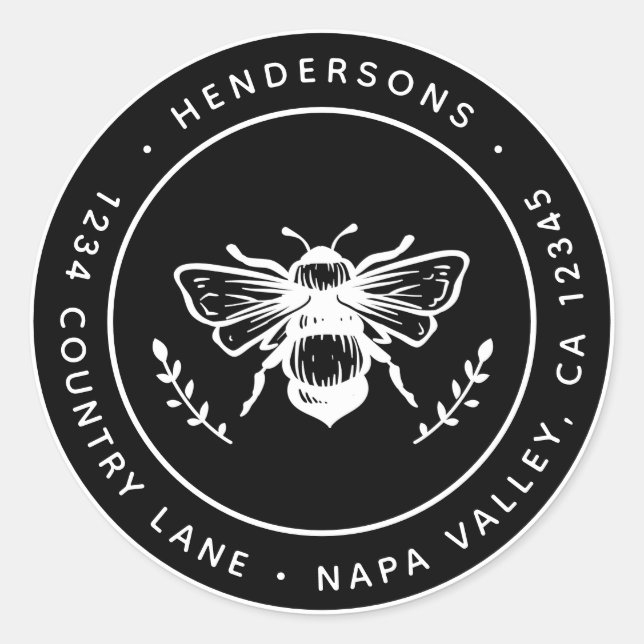 Adesivo Black Rustic Bumblebee Round Endereço de Devolução (Frente)