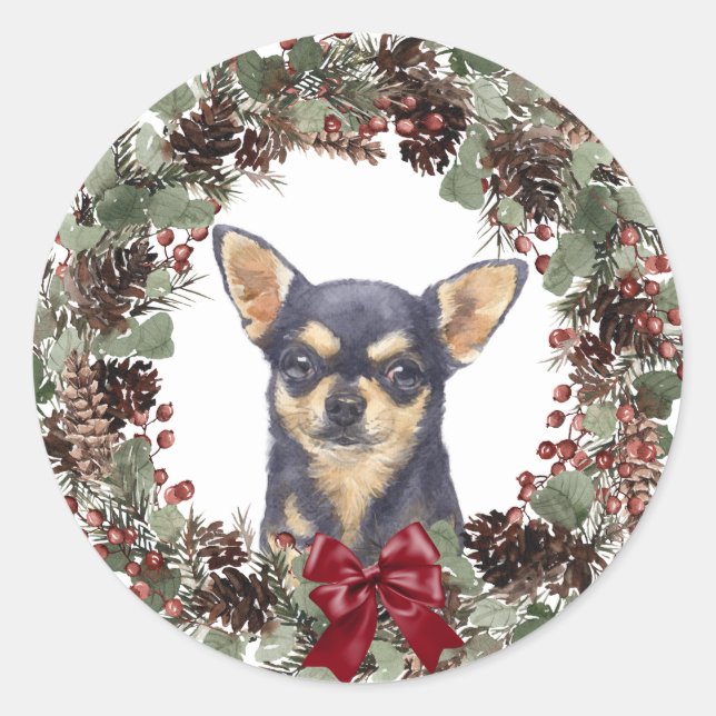 Adesivo Black Tan Chihuahua Pinecone Wreath Natal (Frente)