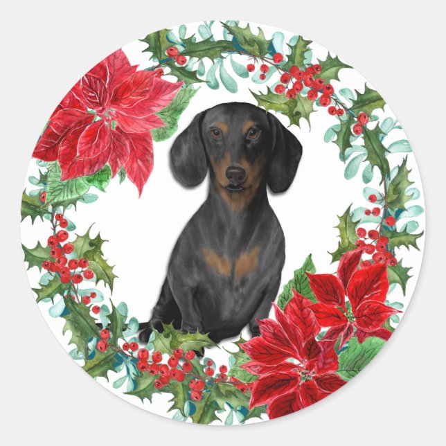 Adesivo Black Tan Dachshund Poinsettia Holiday Wreath (Frente)
