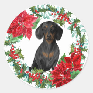 Adesivo Black Tan Dachshund Poinsettia Holiday Wreath