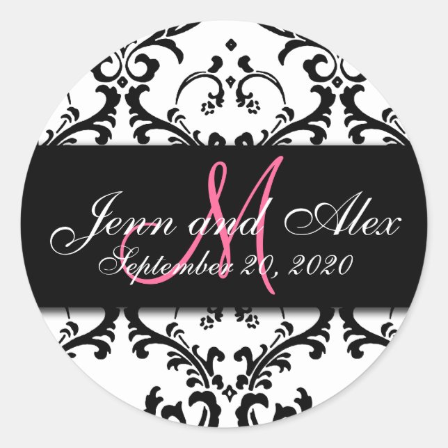 Adesivo Black White Damask Save the Date Sticker (Frente)