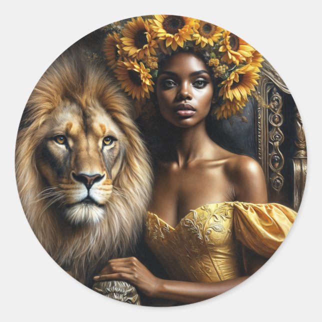 Adesivo Black Woman With Lion Sunflower Crown (Frente)