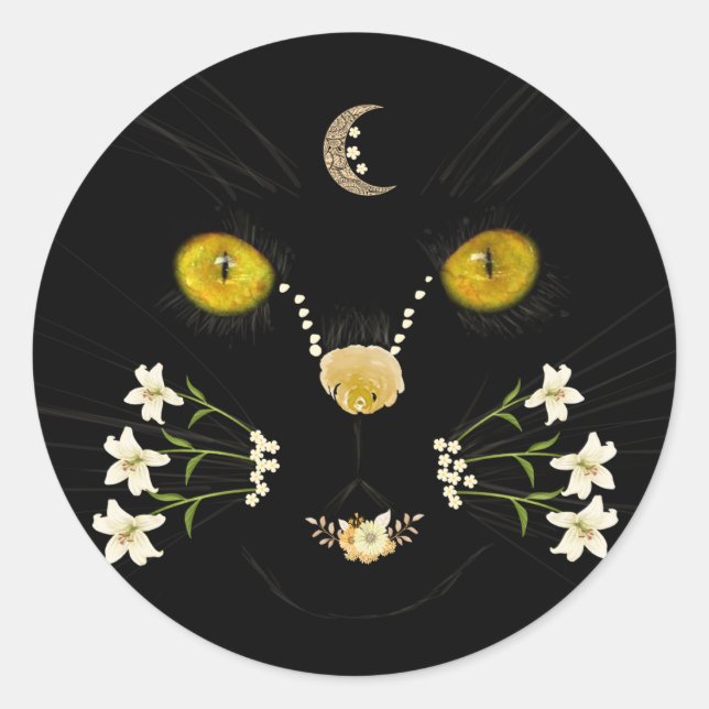 Adesivo Black Yellow Gold Flower Cat Face Moon Sticker (Frente)