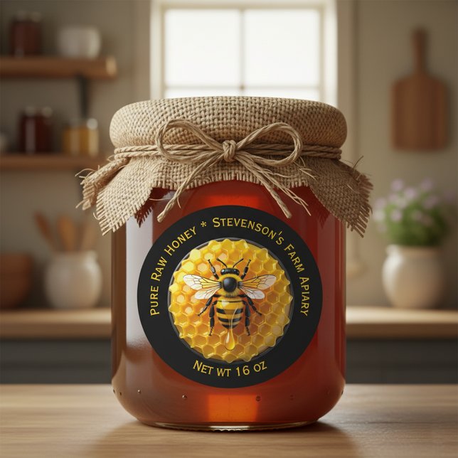 Adesivo Black & Yellow Realistic Honey Bee Honeycomb Jar (Criador carregado)