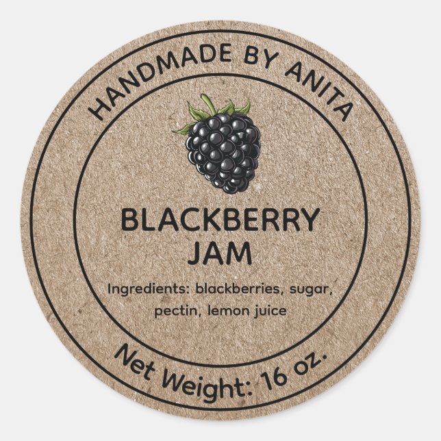 Adesivo Blackberry Jam Jelly Jar Label Kraft Estilo de Pap (Frente)