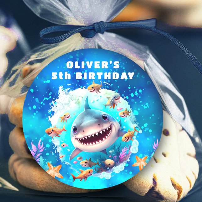 Adesivo Blocos Azuis de Aniversário de Tubarão-Corte (Cute Shark Boy Birthday Blue Stickers)