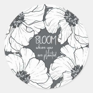Adesivo "Bloom" Citação com Florais Preto e Branco em Cinz