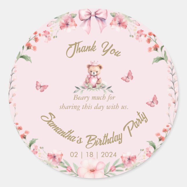 Adesivo Blooms e Ursos de Aniversário Obrigado Sticker (Frente)