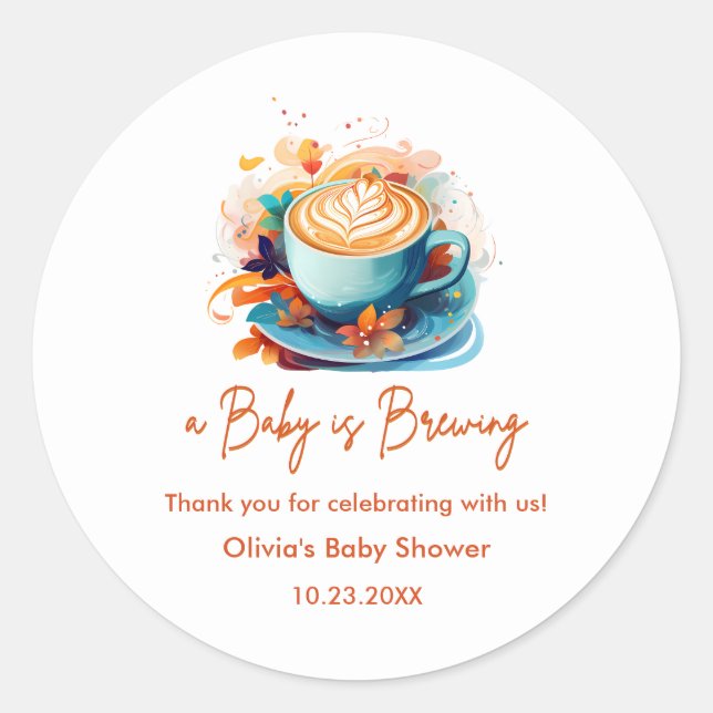 Adesivo Blue Baby is Brewing Coffee Baby Shower Thank You  (Frente)