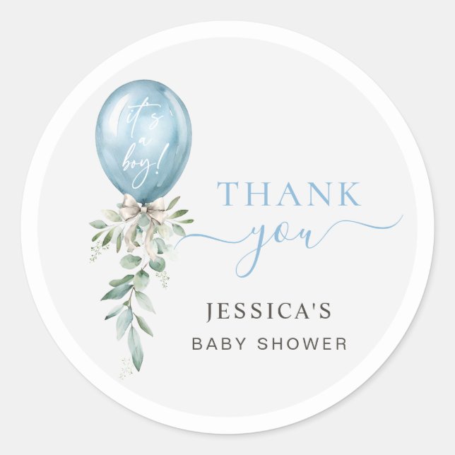Adesivo Blue Balloon Bow Greenery Baby Shower Thank You (Frente)