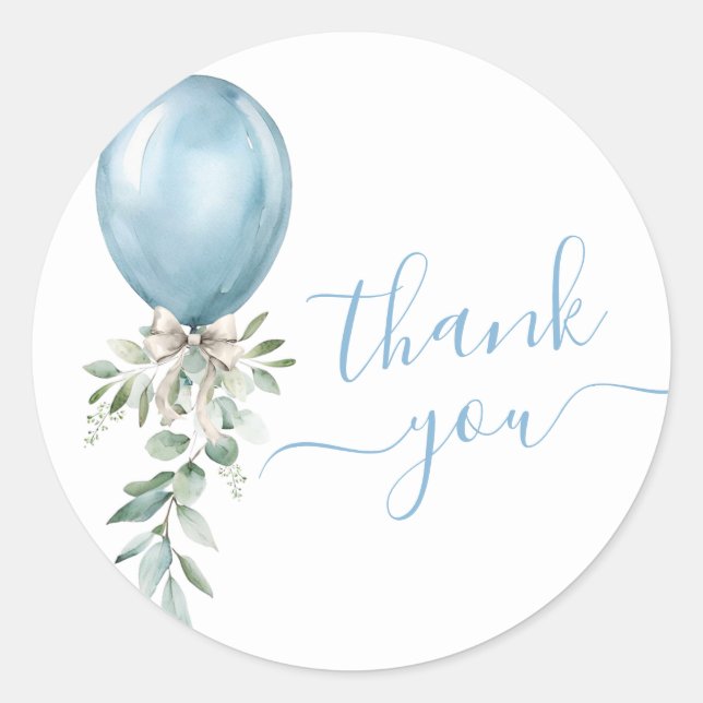 Adesivo Blue Balloon Bow Greenery Baby Shower Thank You (Frente)