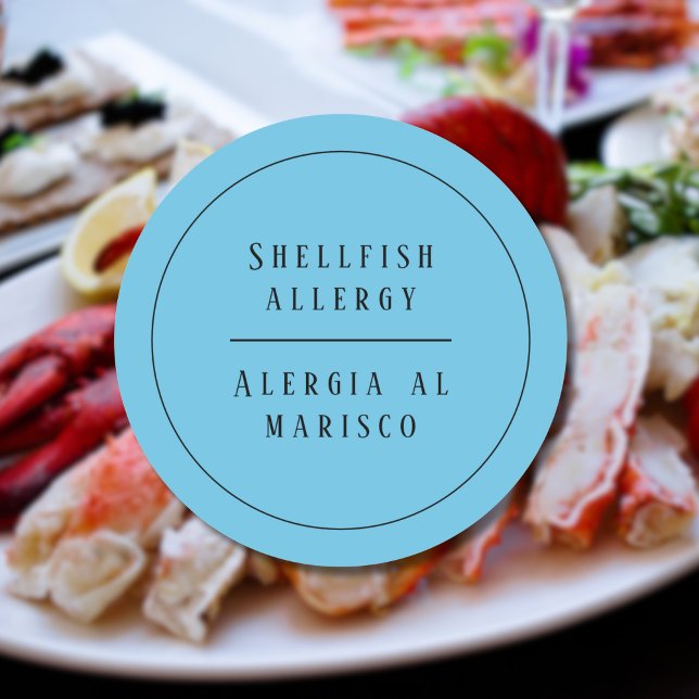 Adesivo Blue Bilingual Shellfish Alergia Alerta Espanhol (Bilingual Shellfish allergy warning sticker, Spanish & customizable text. Multilingual Project)
