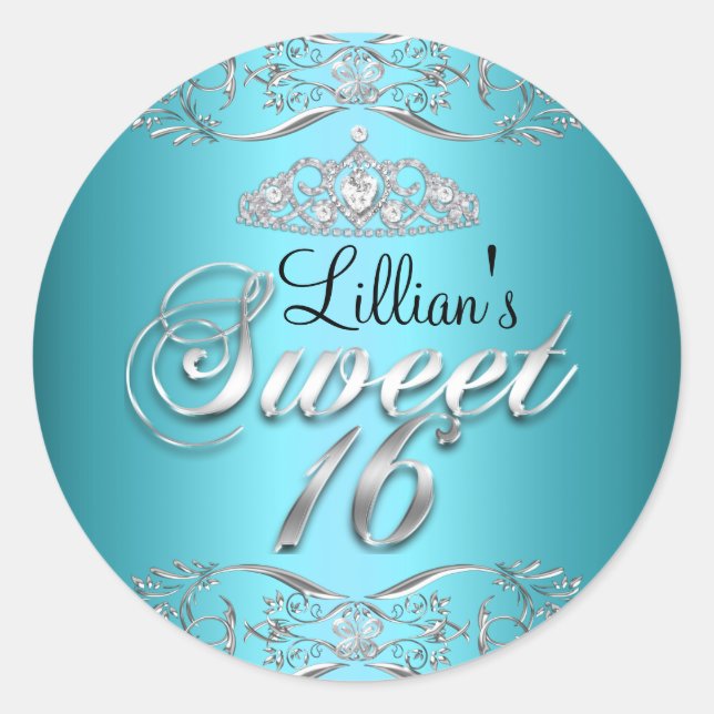 Adesivo Blue Black Damask & Tiara Sweet 16 Sticker (Frente)