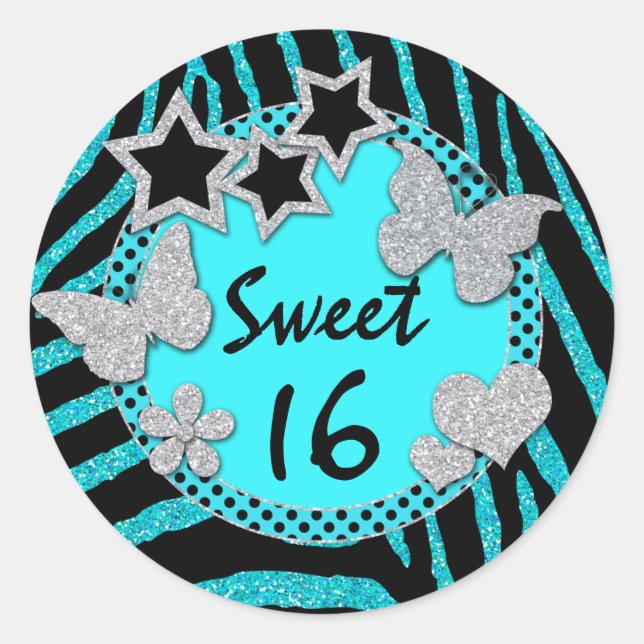 Adesivo Blue Black Silver FAUX Glitter Sweet 16 Sticker (Frente)