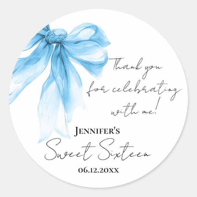 Adesivo Blue Bow Coquette Script Obrigado Doce 16  (Frente)