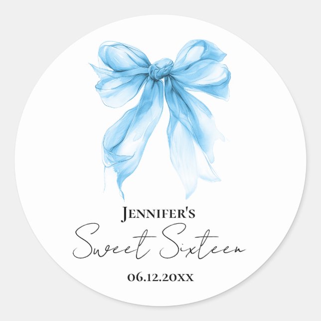 Adesivo Blue Bow Coquette Script Sweet 16 Party  (Frente)
