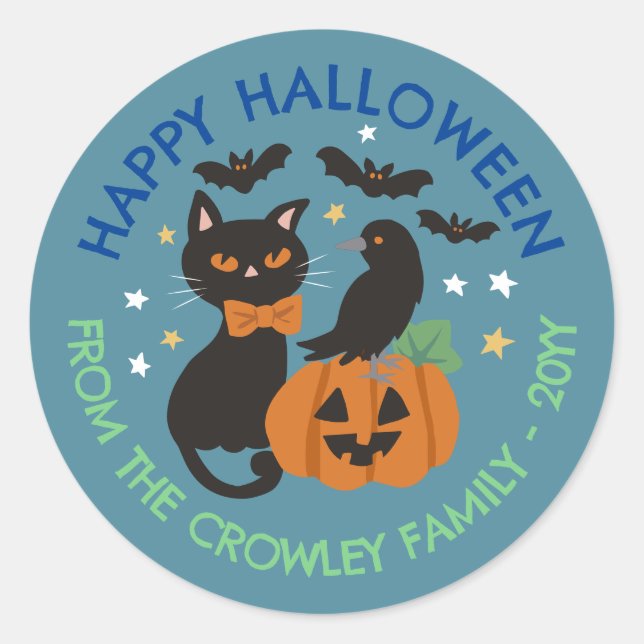 Adesivo Blue Cat Pumpkin Raven Happy Halloween (Frente)