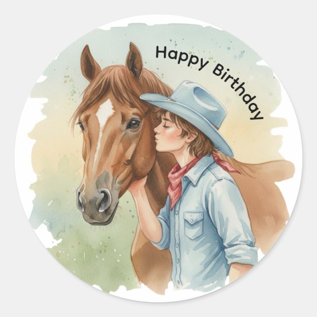 Adesivo Blue Cowboy Kissing a Horse Birthday Party (Frente)