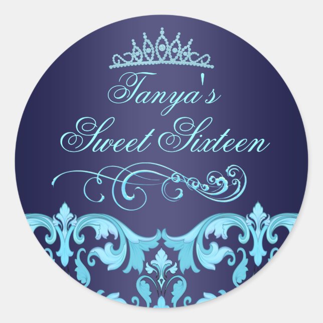 Adesivo Blue Damask & Tiara Sweet 16 Envelope Sticker/selo (Frente)