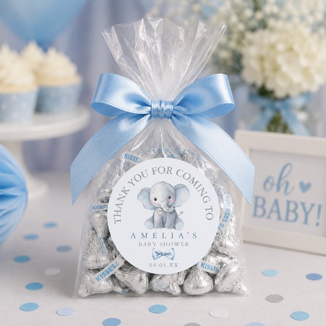 Adesivo Blue Elephant Azul Obrigado Churrasco de Bebê (Blue Boys Elephant Baby Shower Thank You Classic Round Sticker)