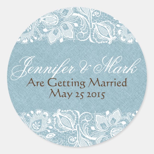 Adesivo Blue Faux Linen Burlap & White Floral Lace (Frente)