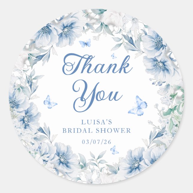 Adesivo Blue Floral Butterfly Bridal Shower Thank You (Frente)