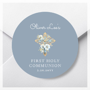 Adesivo Blue Floral Cross First Santa Comunhão