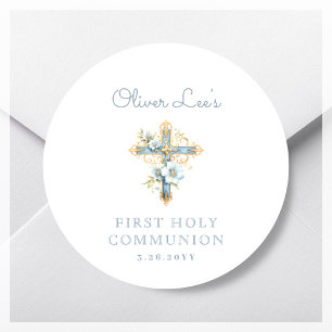 Adesivo Blue Floral Cross First Santa Comunhão