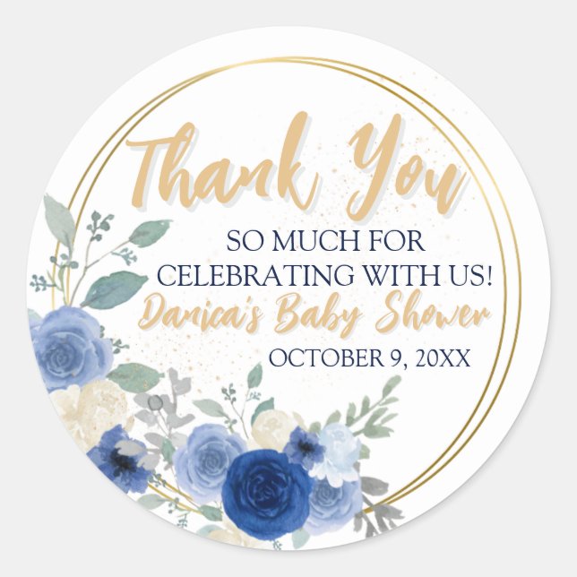 Adesivo Blue Floral & Dourado Classic RounSticker Classic  (Frente)