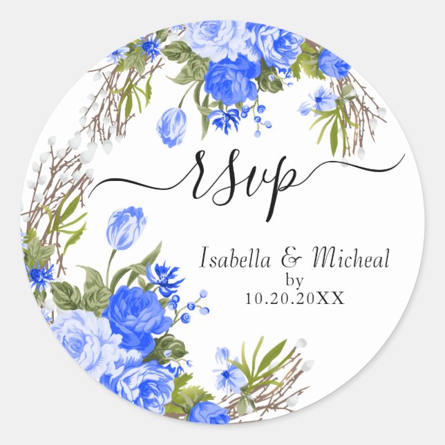 Adesivo Blue Floral - RSVP Classic Round Sticker (Frente)