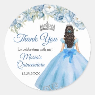 Adesivo Blue Floral Silver Crown Quinceañera Obrigado